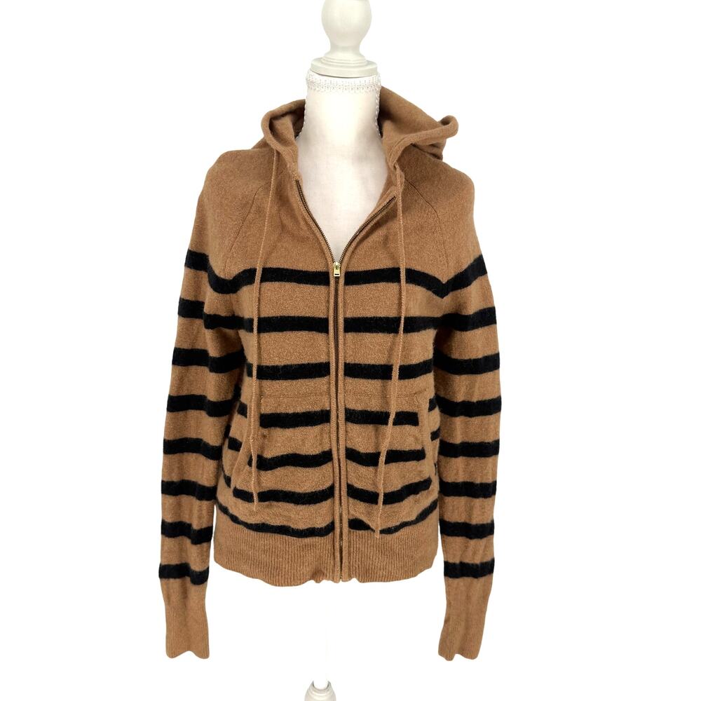 J Crew Sweater Jacket M Camel Black Stripe Hood Preppy Dark Academia Cabincore